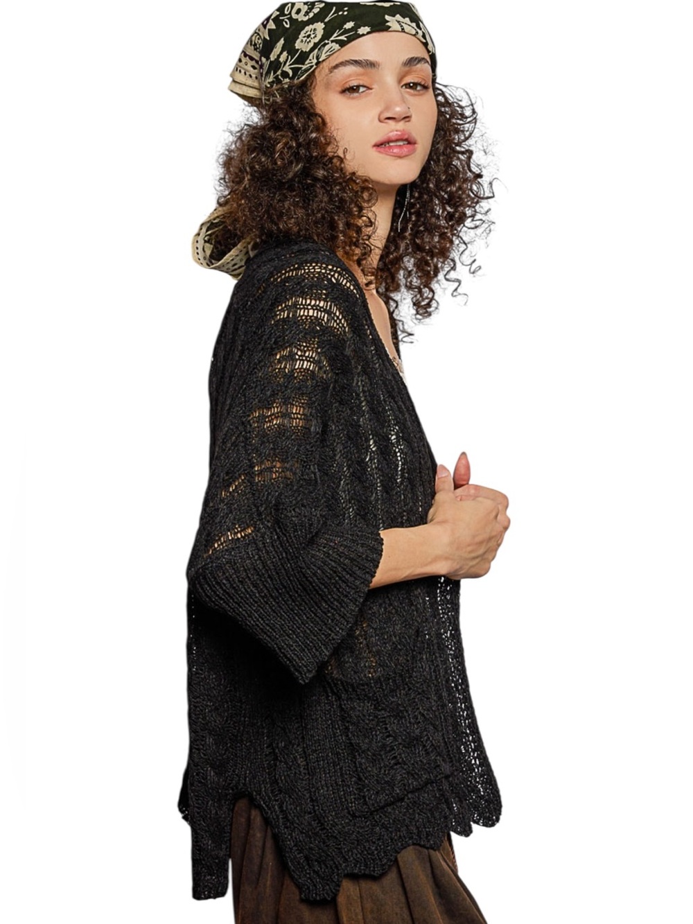 POL Black Crochet Open Cable knit Short Sleeve Cardigan